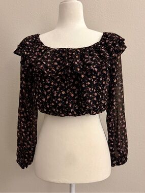 Altar’d State Black Floral Puff Sleeve Off Shoulder Crop Top - Size XS - EUC